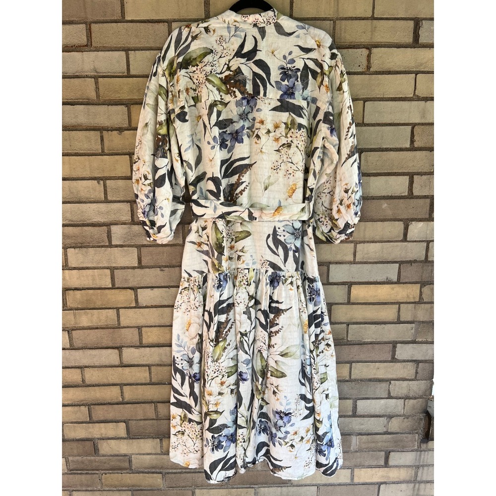 Bambah Floral Linen Balloon Sleeve Tiered Midi Dress Medium Ivory Blue Green - Picture 6 of 7